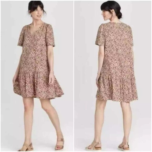 A New Day Leopard Drop Waist Ruffle Dress Size L Cream Brown Short Sleeve Mini - Picture 1 of 8